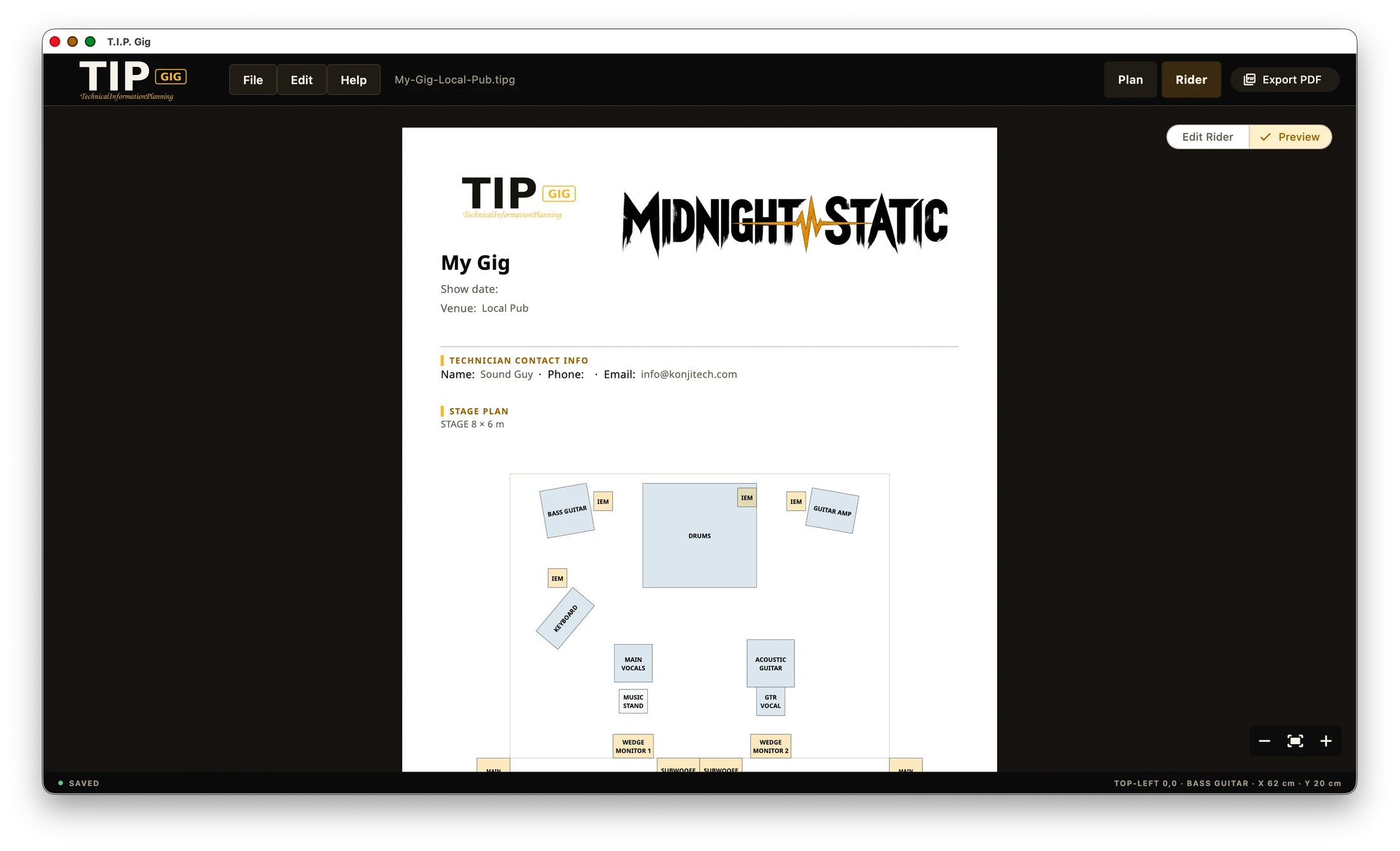 T.I.P. Gig Rider Preview showing a portrait Rider document with the Stage Plan inside the dark application workspace.
