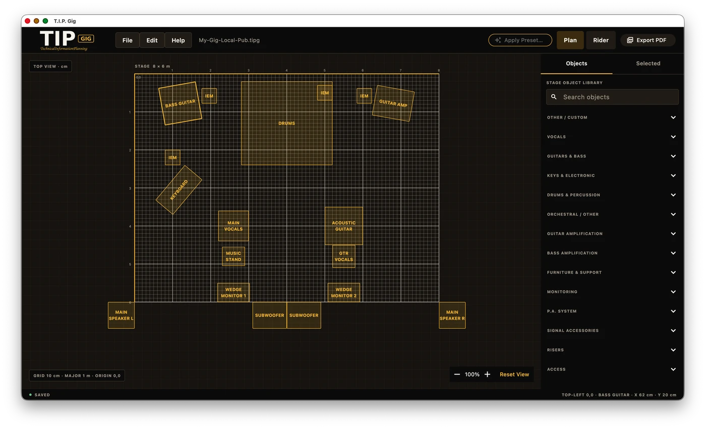 T.I.P. Gig workspace showing the measured Stage Plan and Object Library.