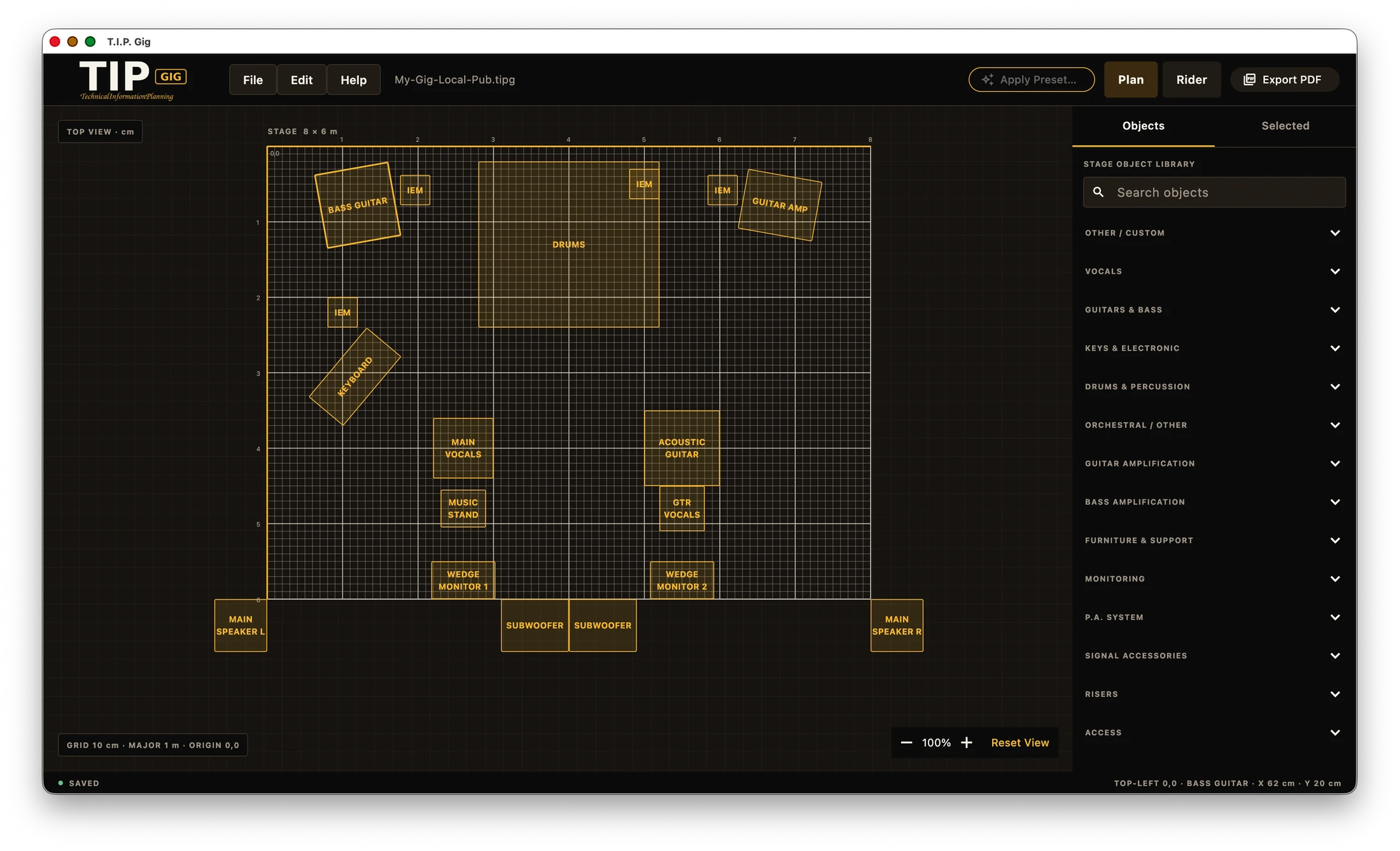 T.I.P. Gig dark workspace showing the Object Library beside a measured Stage Plan with placed instruments and monitors.